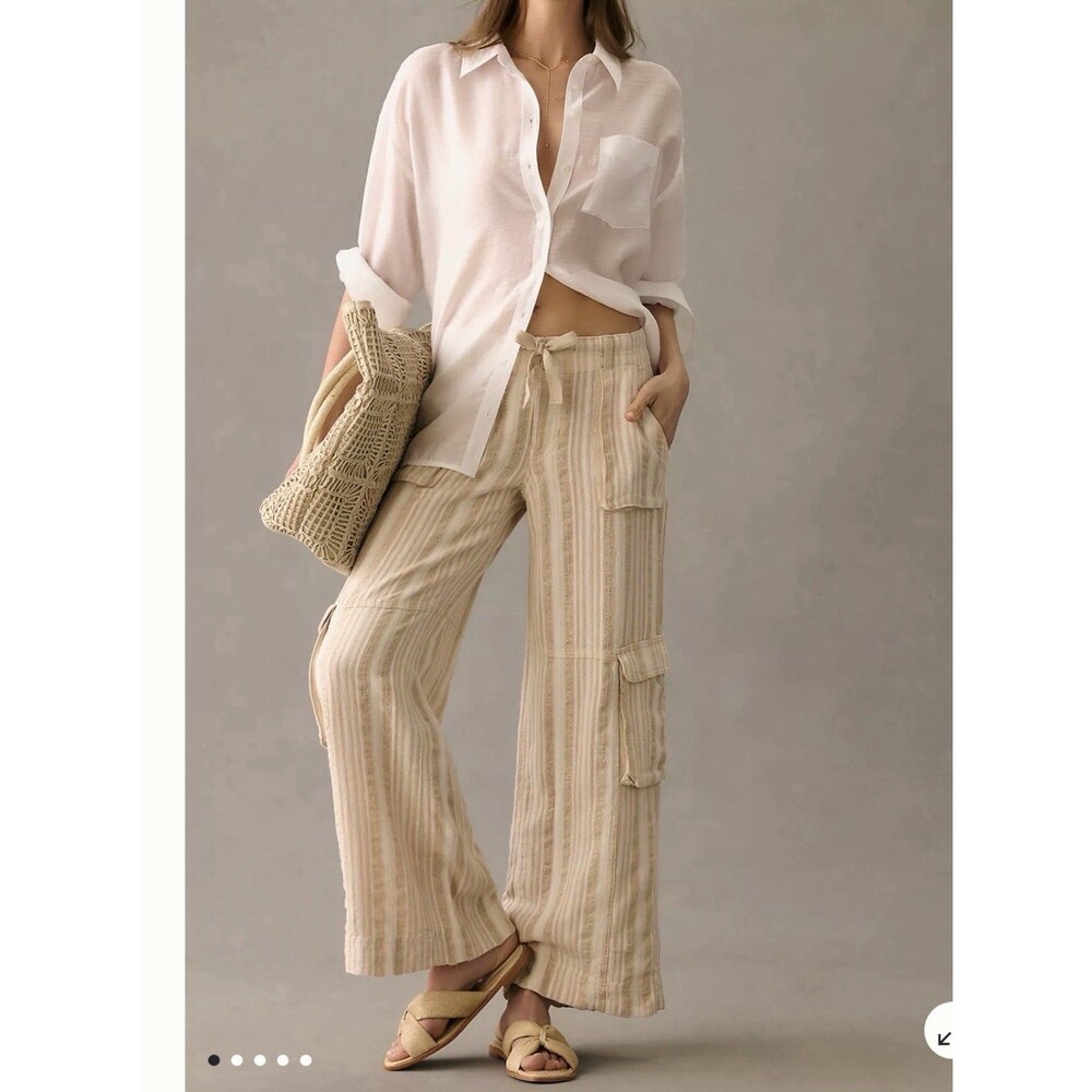 EUC Anthropologie Wide Leg Cargo Pants Women Linen Blend Metallic Beige Size 26